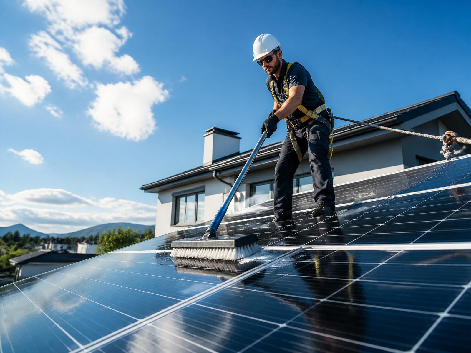 Professional technician cleaning residential solar panels