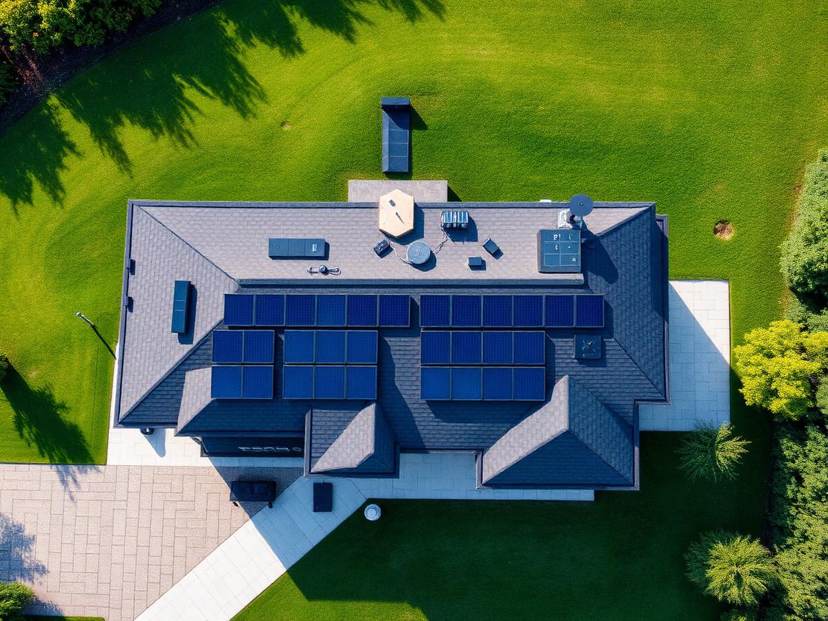 Aerial view of a residential home with clean solar panels